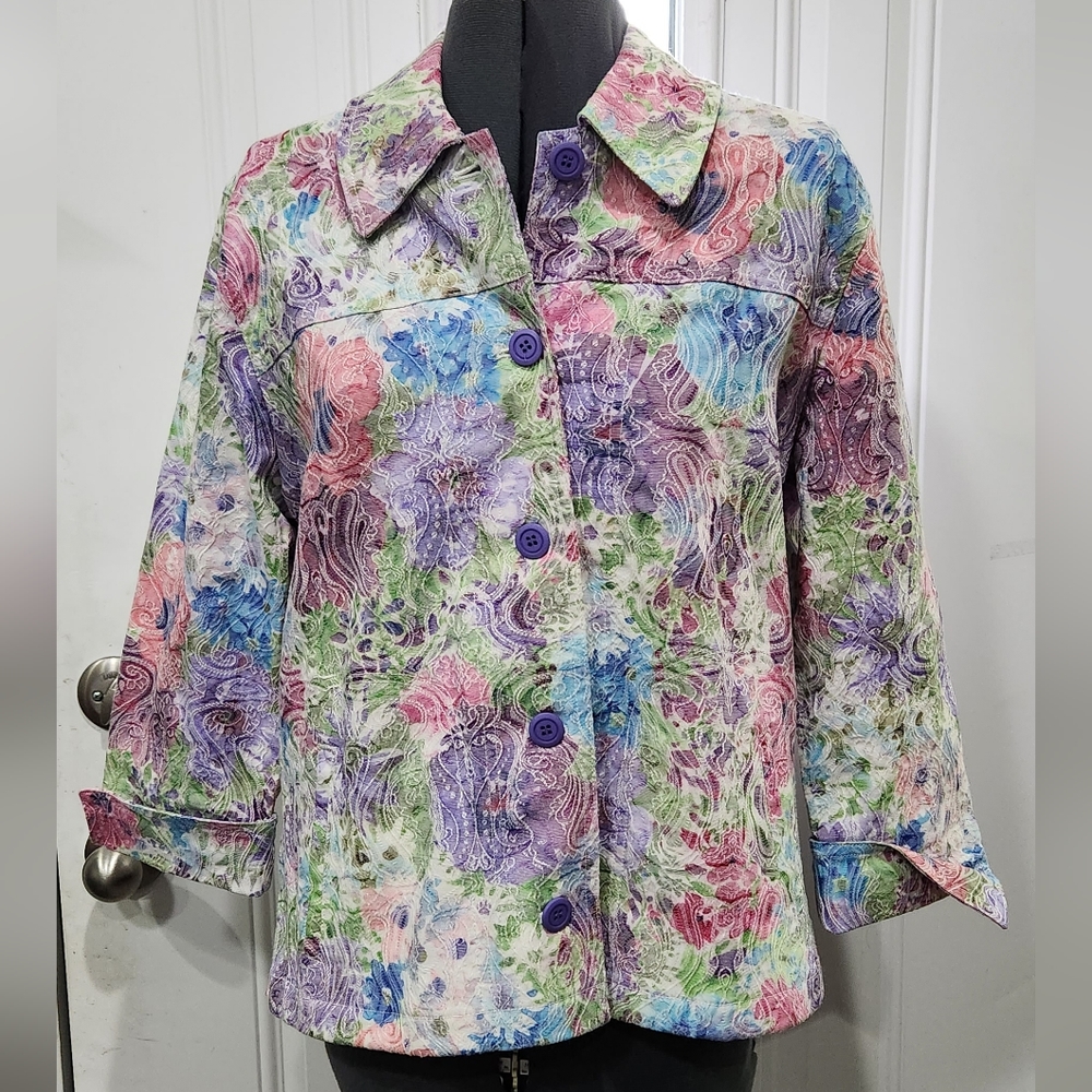 Joni B. pastel floral print 3/4 sleeve jacket women's size L